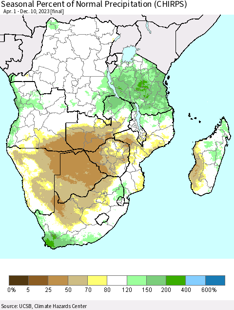 Southern Africa Seasonal Percent of Normal Precipitation (CHIRPS) Thematic Map For 4/1/2023 - 12/10/2023