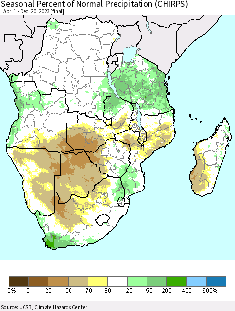 Southern Africa Seasonal Percent of Normal Precipitation (CHIRPS) Thematic Map For 4/1/2023 - 12/20/2023