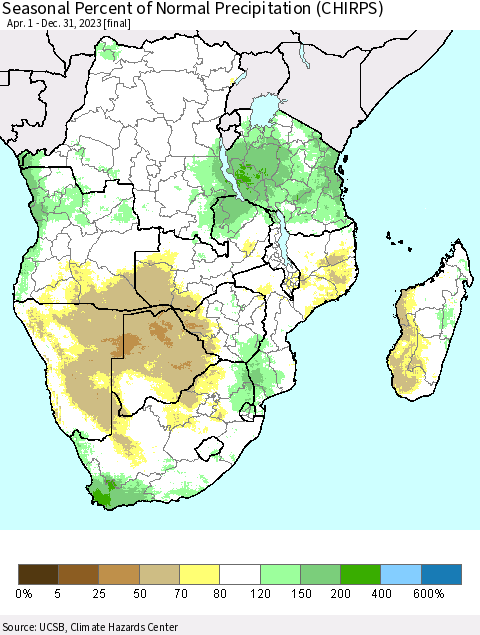 Southern Africa Seasonal Percent of Normal Precipitation (CHIRPS) Thematic Map For 4/1/2023 - 12/31/2023