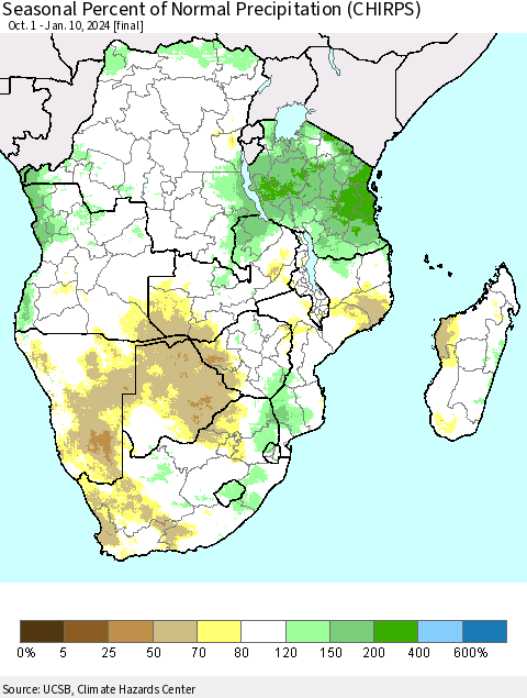 Southern Africa Seasonal Percent of Normal Precipitation (CHIRPS) Thematic Map For 10/1/2023 - 1/10/2024