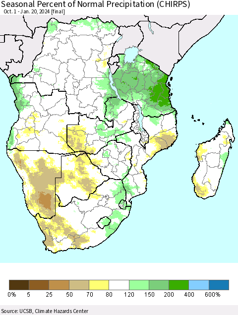 Southern Africa Seasonal Percent of Normal Precipitation (CHIRPS) Thematic Map For 10/1/2023 - 1/20/2024