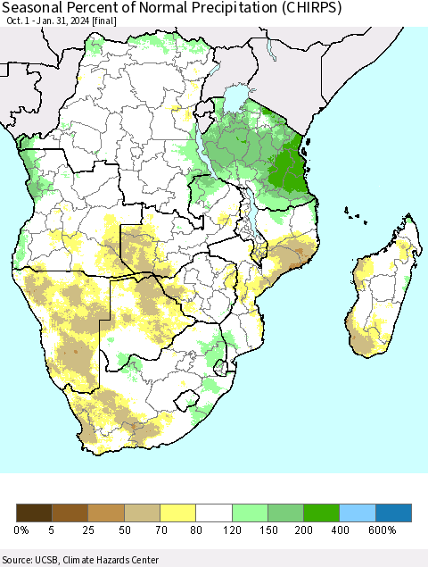 Southern Africa Seasonal Percent of Normal Precipitation (CHIRPS) Thematic Map For 10/1/2023 - 1/31/2024