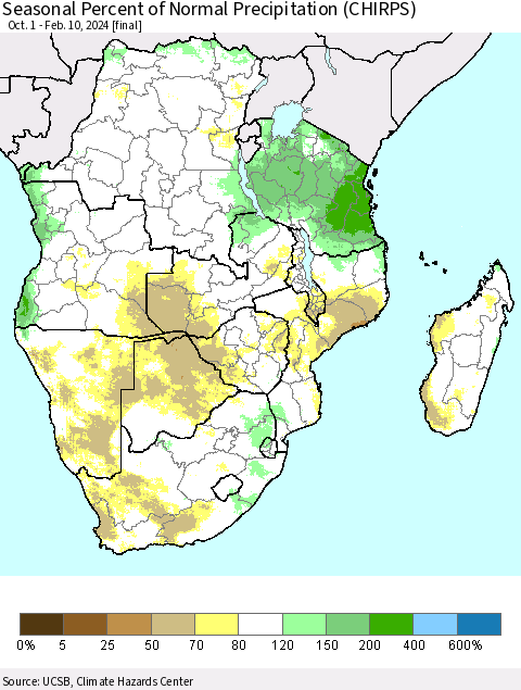 Southern Africa Seasonal Percent of Normal Precipitation (CHIRPS) Thematic Map For 10/1/2023 - 2/10/2024