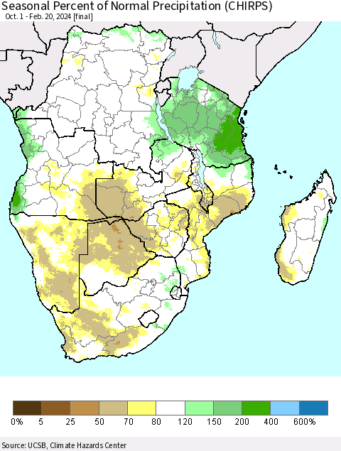 Southern Africa Seasonal Percent of Normal Precipitation (CHIRPS) Thematic Map For 10/1/2023 - 2/20/2024