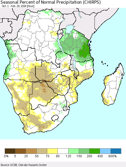 Southern Africa Seasonal Percent of Normal Precipitation (CHIRPS) Thematic Map For 10/1/2023 - 2/29/2024