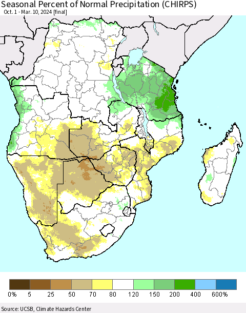 Southern Africa Seasonal Percent of Normal Precipitation (CHIRPS) Thematic Map For 10/1/2023 - 3/10/2024