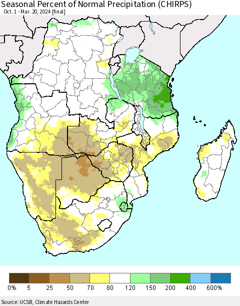 Southern Africa Seasonal Percent of Normal Precipitation (CHIRPS) Thematic Map For 10/1/2023 - 3/20/2024