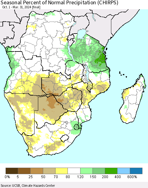 Southern Africa Seasonal Percent of Normal Precipitation (CHIRPS) Thematic Map For 10/1/2023 - 3/31/2024
