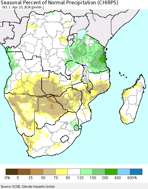Southern Africa Seasonal Percent of Normal Precipitation (CHIRPS) Thematic Map For 10/1/2023 - 4/10/2024
