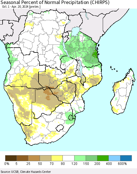 Southern Africa Seasonal Percent of Normal Precipitation (CHIRPS) Thematic Map For 10/1/2023 - 4/20/2024
