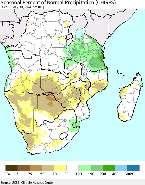 Southern Africa Seasonal Percent of Normal Precipitation (CHIRPS) Thematic Map For 10/1/2023 - 5/10/2024