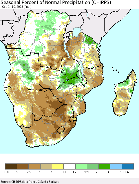 Southern Africa Seasonal Percent of Normal Precipitation (CHIRPS) Thematic Map For 10/1/2023 - 10/10/2023