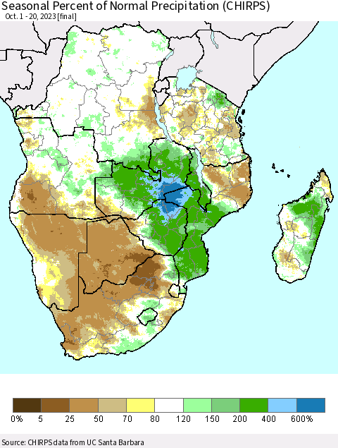 Southern Africa Seasonal Percent of Normal Precipitation (CHIRPS) Thematic Map For 10/1/2023 - 10/20/2023