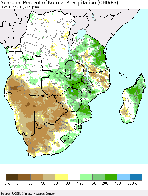 Southern Africa Seasonal Percent of Normal Precipitation (CHIRPS) Thematic Map For 10/1/2023 - 11/10/2023