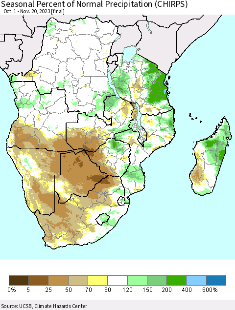 Southern Africa Seasonal Percent of Normal Precipitation (CHIRPS) Thematic Map For 10/1/2023 - 11/20/2023