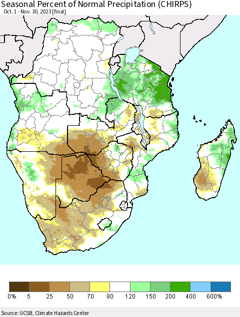 Southern Africa Seasonal Percent of Normal Precipitation (CHIRPS) Thematic Map For 10/1/2023 - 11/30/2023