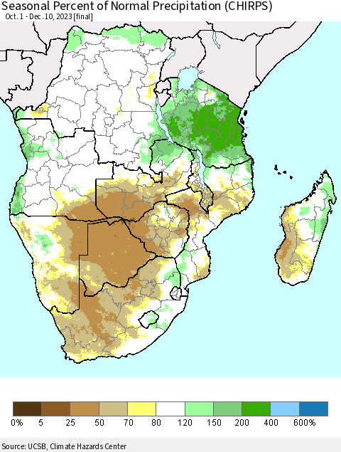 Southern Africa Seasonal Percent of Normal Precipitation (CHIRPS) Thematic Map For 10/1/2023 - 12/10/2023