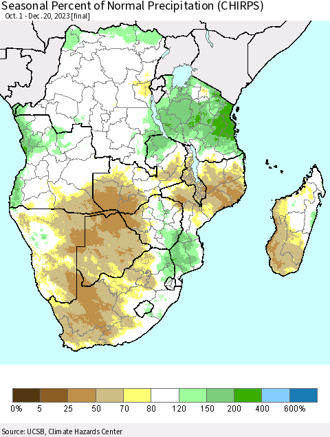 Southern Africa Seasonal Percent of Normal Precipitation (CHIRPS) Thematic Map For 10/1/2023 - 12/20/2023