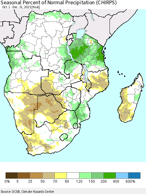 Southern Africa Seasonal Percent of Normal Precipitation (CHIRPS) Thematic Map For 10/1/2023 - 12/31/2023