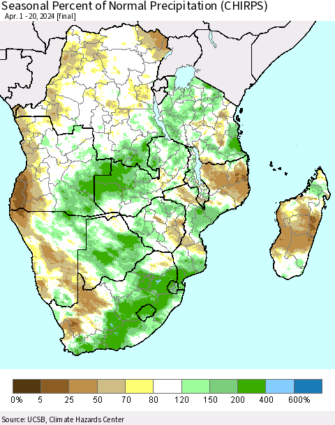 Southern Africa Seasonal Percent of Normal Precipitation (CHIRPS) Thematic Map For 4/1/2024 - 4/20/2024