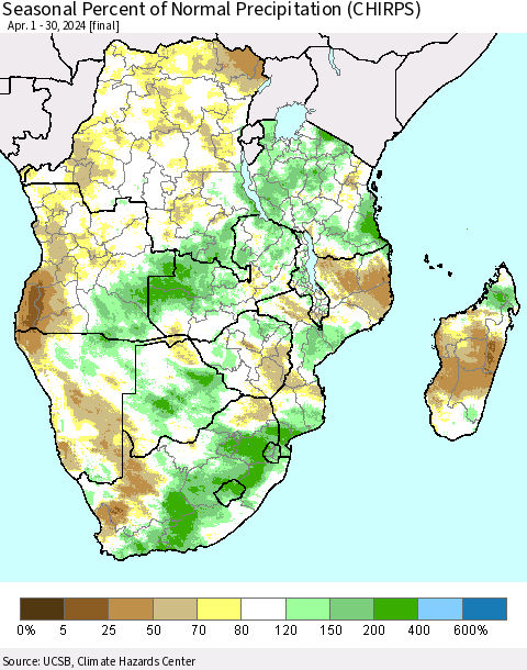 Southern Africa Seasonal Percent of Normal Precipitation (CHIRPS) Thematic Map For 4/1/2024 - 4/30/2024