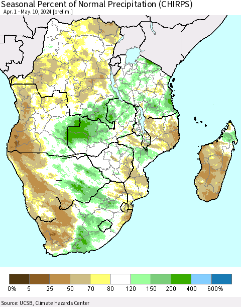 Southern Africa Seasonal Percent of Normal Precipitation (CHIRPS) Thematic Map For 4/1/2024 - 5/10/2024