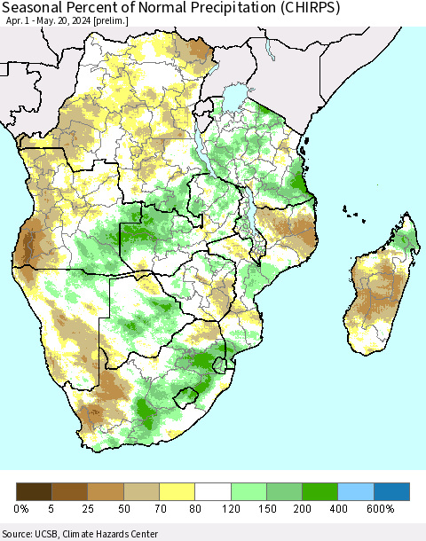Southern Africa Seasonal Percent of Normal Precipitation (CHIRPS) Thematic Map For 4/1/2024 - 5/20/2024