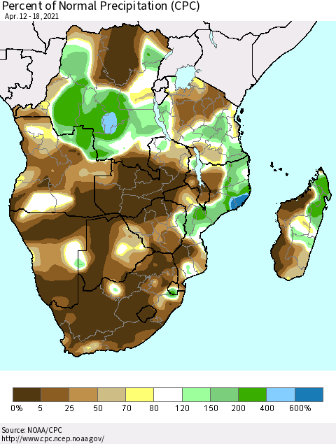 Southern Africa Percent of Normal Precipitation (CPC) Thematic Map For 4/12/2021 - 4/18/2021