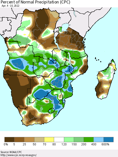 Southern Africa Percent of Normal Precipitation (CPC) Thematic Map For 4/4/2022 - 4/10/2022