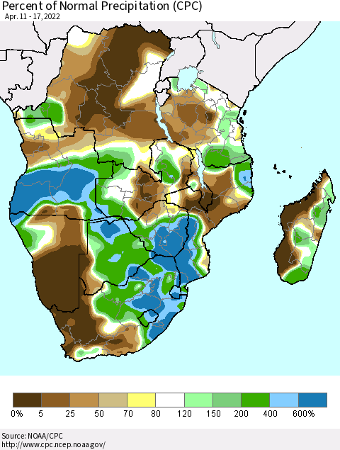 Southern Africa Percent of Normal Precipitation (CPC) Thematic Map For 4/11/2022 - 4/17/2022