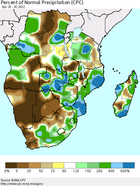 Southern Africa Percent of Normal Precipitation (CPC) Thematic Map For 4/18/2022 - 4/24/2022