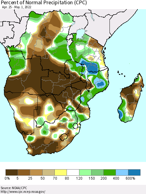 Southern Africa Percent of Normal Precipitation (CPC) Thematic Map For 4/25/2022 - 5/1/2022