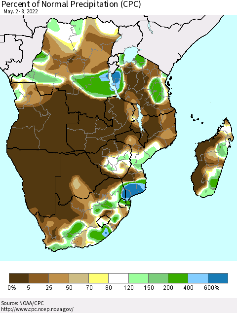 Southern Africa Percent of Normal Precipitation (CPC) Thematic Map For 5/2/2022 - 5/8/2022