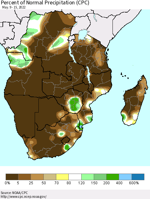 Southern Africa Percent of Normal Precipitation (CPC) Thematic Map For 5/9/2022 - 5/15/2022