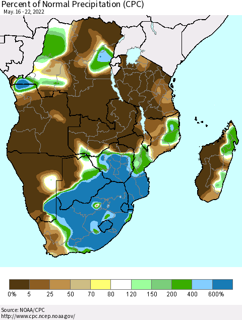Southern Africa Percent of Normal Precipitation (CPC) Thematic Map For 5/16/2022 - 5/22/2022
