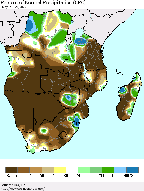 Southern Africa Percent of Normal Precipitation (CPC) Thematic Map For 5/23/2022 - 5/29/2022