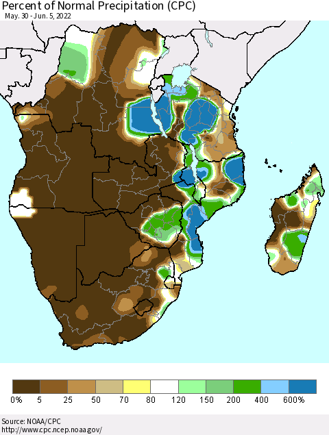 Southern Africa Percent of Normal Precipitation (CPC) Thematic Map For 5/30/2022 - 6/5/2022