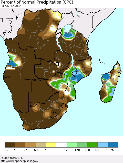 Southern Africa Percent of Normal Precipitation (CPC) Thematic Map For 6/6/2022 - 6/12/2022