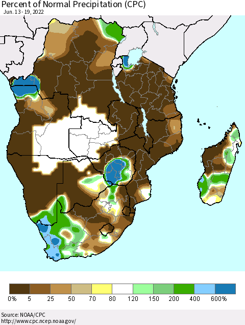 Southern Africa Percent of Normal Precipitation (CPC) Thematic Map For 6/13/2022 - 6/19/2022