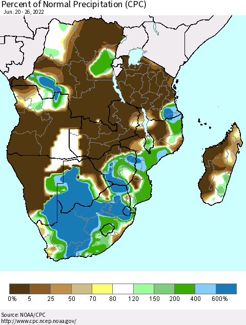 Southern Africa Percent of Normal Precipitation (CPC) Thematic Map For 6/20/2022 - 6/26/2022