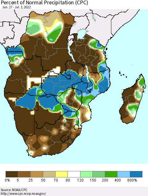 Southern Africa Percent of Normal Precipitation (CPC) Thematic Map For 6/27/2022 - 7/3/2022