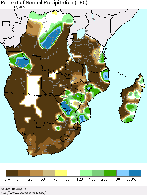 Southern Africa Percent of Normal Precipitation (CPC) Thematic Map For 7/11/2022 - 7/17/2022