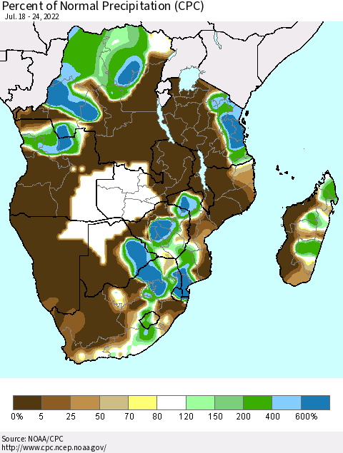 Southern Africa Percent of Normal Precipitation (CPC) Thematic Map For 7/18/2022 - 7/24/2022