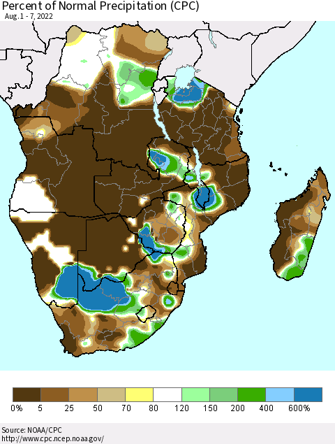 Southern Africa Percent of Normal Precipitation (CPC) Thematic Map For 8/1/2022 - 8/7/2022