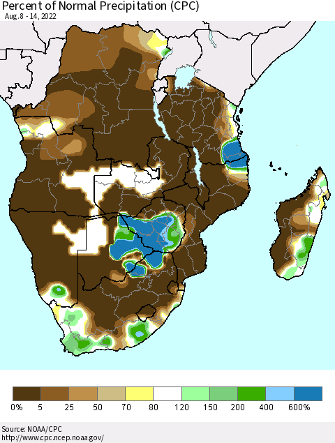Southern Africa Percent of Normal Precipitation (CPC) Thematic Map For 8/8/2022 - 8/14/2022