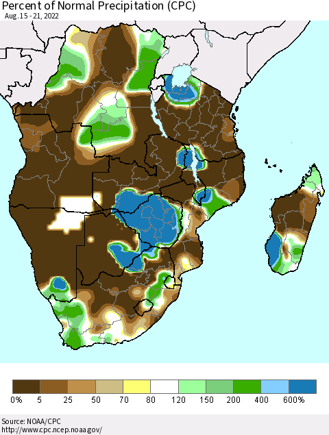 Southern Africa Percent of Normal Precipitation (CPC) Thematic Map For 8/15/2022 - 8/21/2022