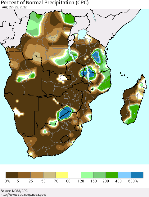 Southern Africa Percent of Normal Precipitation (CPC) Thematic Map For 8/22/2022 - 8/28/2022