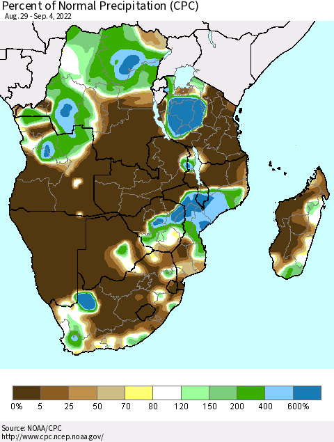 Southern Africa Percent of Normal Precipitation (CPC) Thematic Map For 8/29/2022 - 9/4/2022