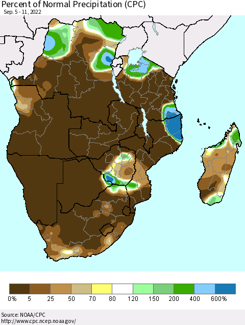 Southern Africa Percent of Normal Precipitation (CPC) Thematic Map For 9/5/2022 - 9/11/2022