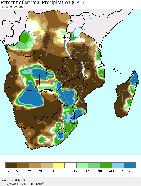 Southern Africa Percent of Normal Precipitation (CPC) Thematic Map For 9/19/2022 - 9/25/2022